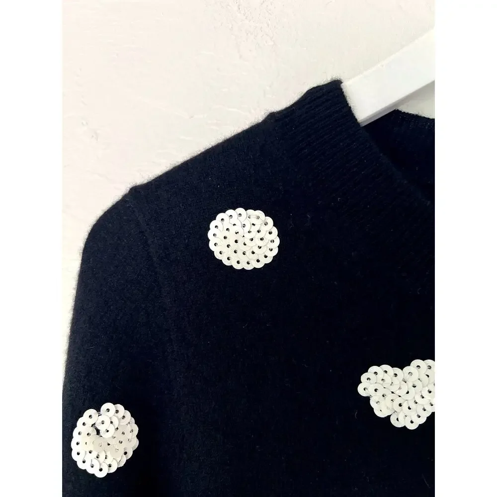 J.Crew AE937 Black Cashmere White Sequin Polka Dot Sweater Medium Holiday Preppy
